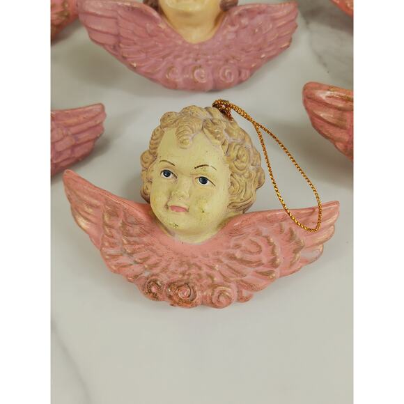 Cherubs Christmas Tree Ornaments Baroque Angels 4 1/2" Pink 80s Blow Mold x7 - Picture 5 of 12